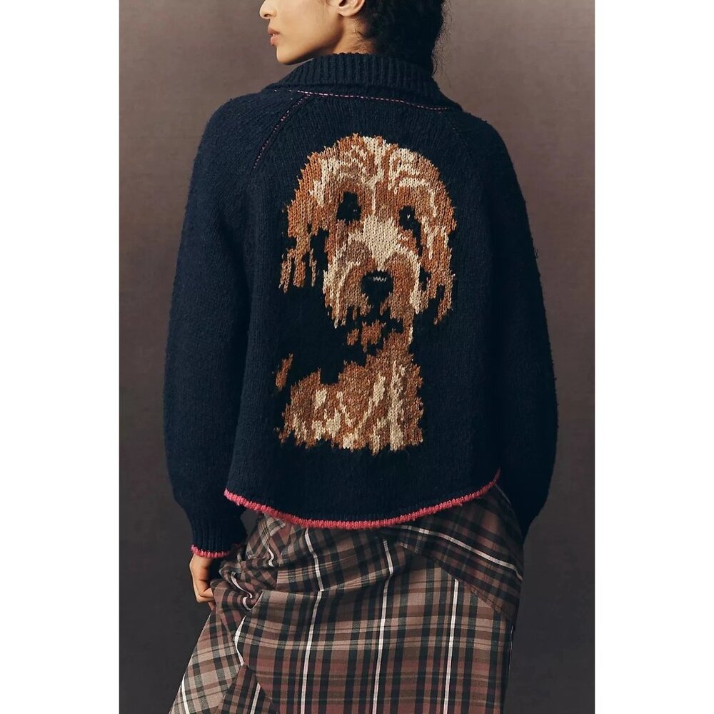 NEW Anthropologie Jesse Dog Icon Cardigan Sweater Womens XXS Cozy Vintage Knit